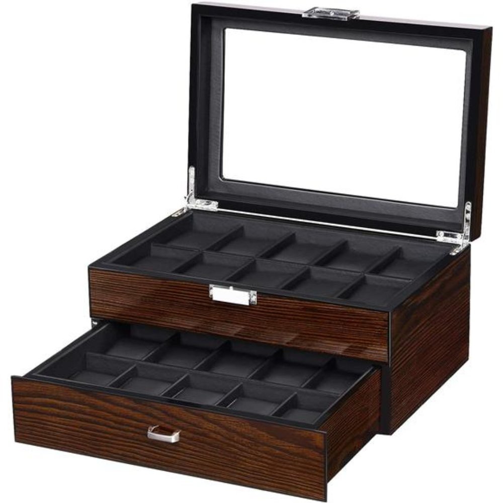 20 Slots Watch Case for Men - Luxury Watch Organizer with Glass Top, Brown